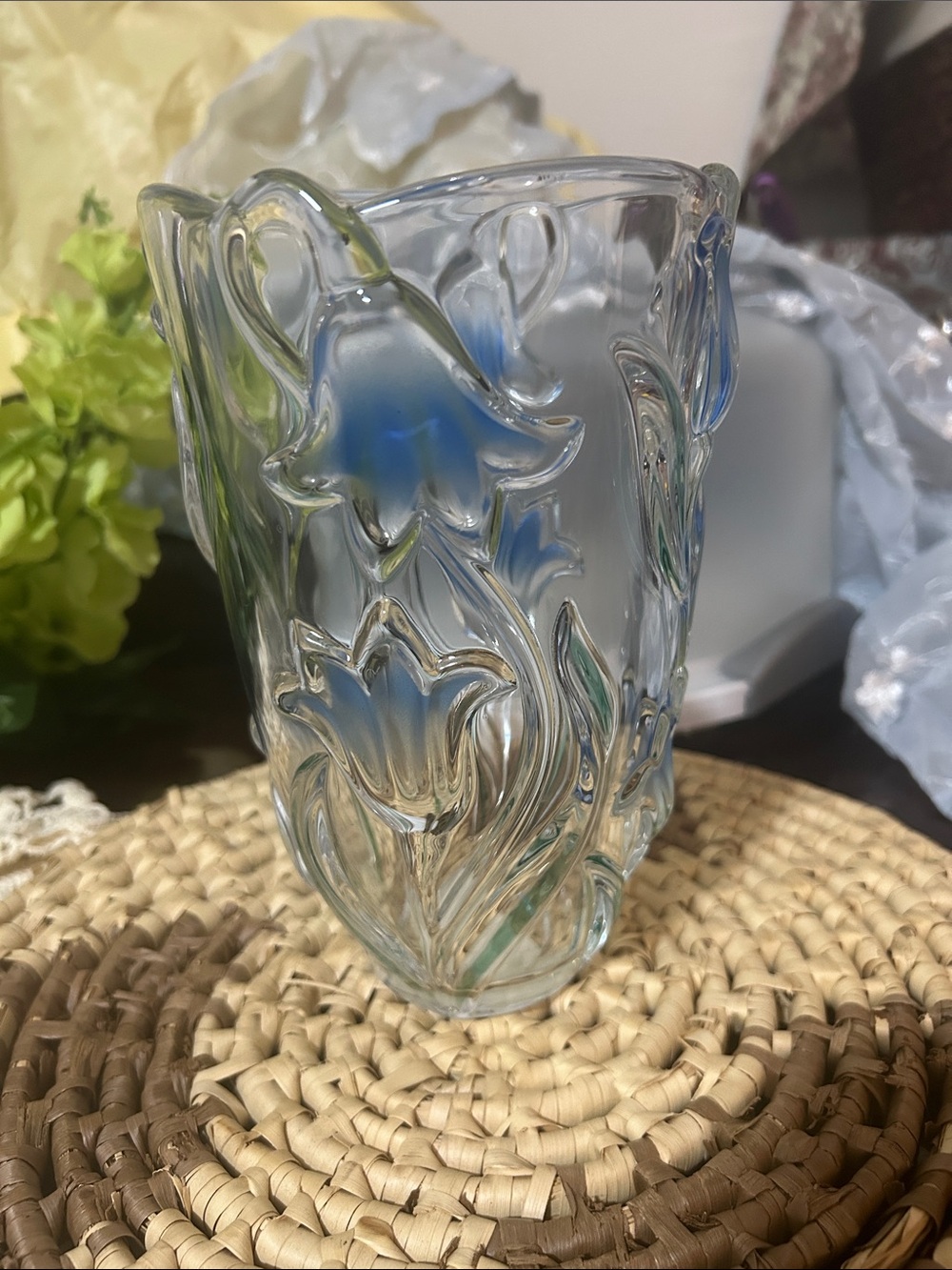 MIKASA Clear Art Glass Vase with Blue Floral Accents.